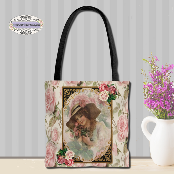 Tote Bag Purse Book Bag With Early 1900s Vintage Woman in a Black and Gold Frame against gray backdrop with white vase and small purple flowers
