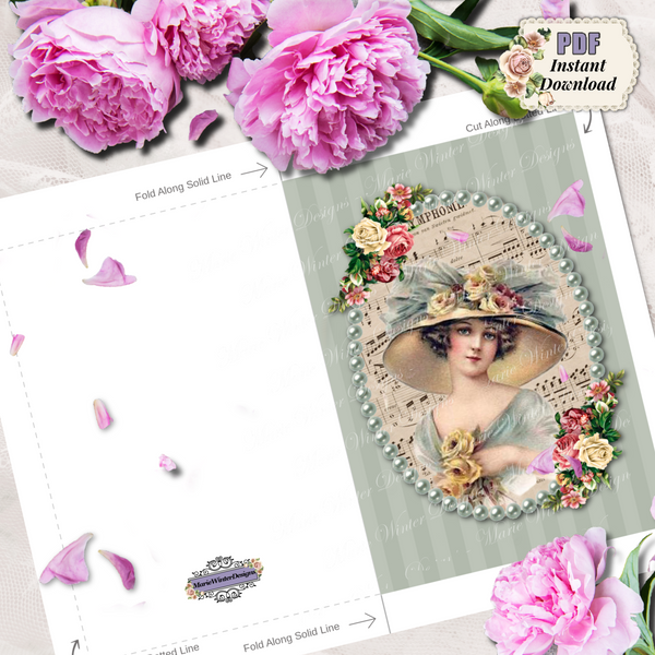 template of PDF Digital Download Printable Greeting Card with 1900s Vintage Woman in a Large Hat Accented with Vintage Flowers Teal Stripe Background
