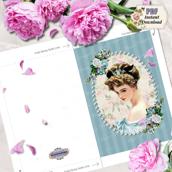 template of PDF Digital Download Printable Greeting Card with Elegant Early 1900s Vintage Harrison Fisher Illustration of Lady surrounded by ble pearls, 2 clusters of blue flowers on blue stipe background.  pink flowers behind