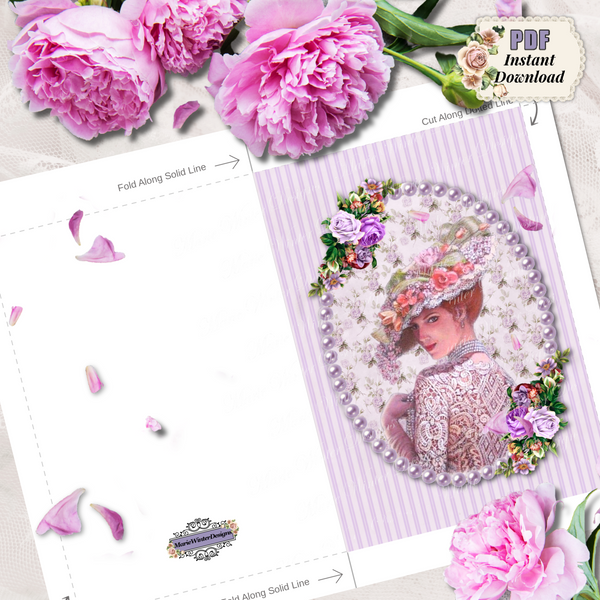template of PDF Digital Download Printable Greeting Card with Elegant Early 1900s Vintage Woman Wearing a Purple Lace Dress and Large Floral Hat decorated with pink flowers to the side