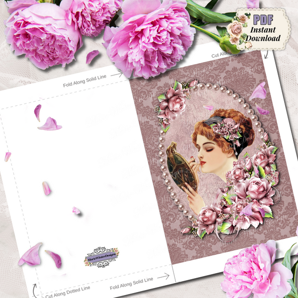 template of PDF Digital Download Printable Greeting Card with Elegant Early 1900s Vintage Harrison Fisher Illustration, surrounded by pearls, cluster of purple flowers on purple damask background. pink flowers behind