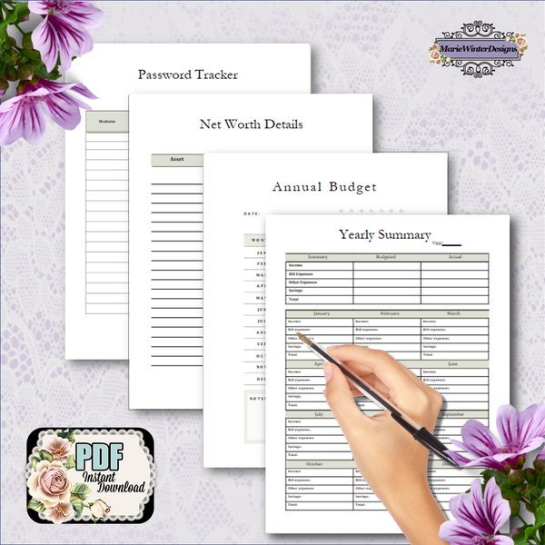 printable budget pages. password tracker, net worth details, annual budget, yearly summary