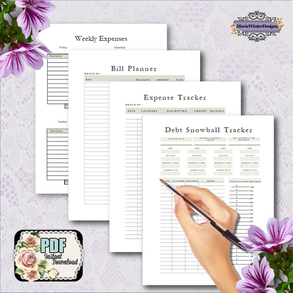 printable pages budget planner, weekly expenses, bill planner, expense tracker, debt snowball tracker