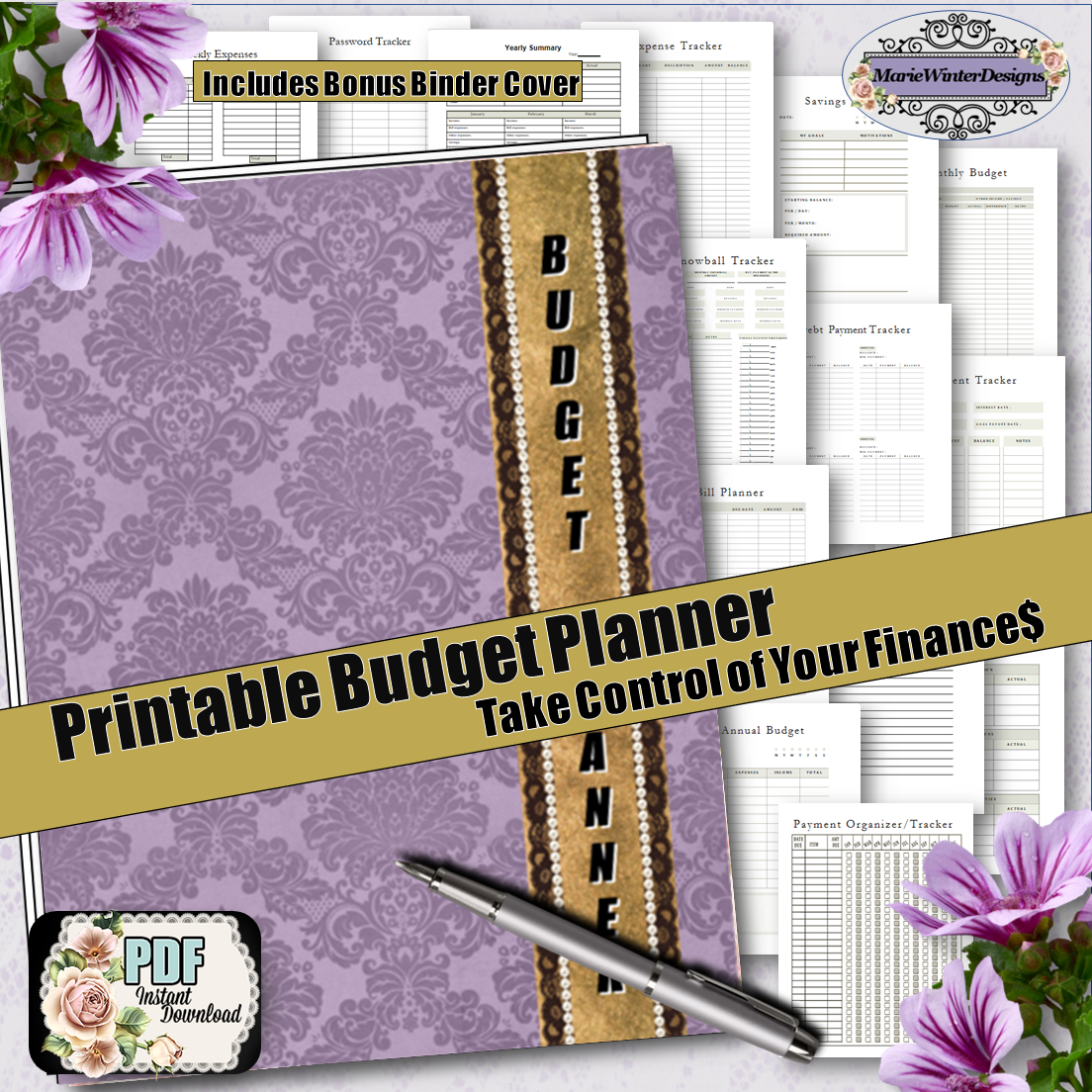 Budget Planner and Wealth Tracker with Binder Cover of Purple Damask