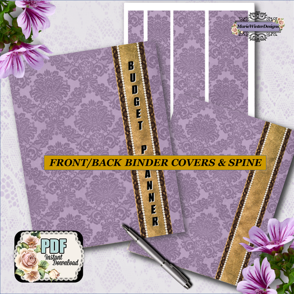 budget planner front/back binder covers and spine purple damask