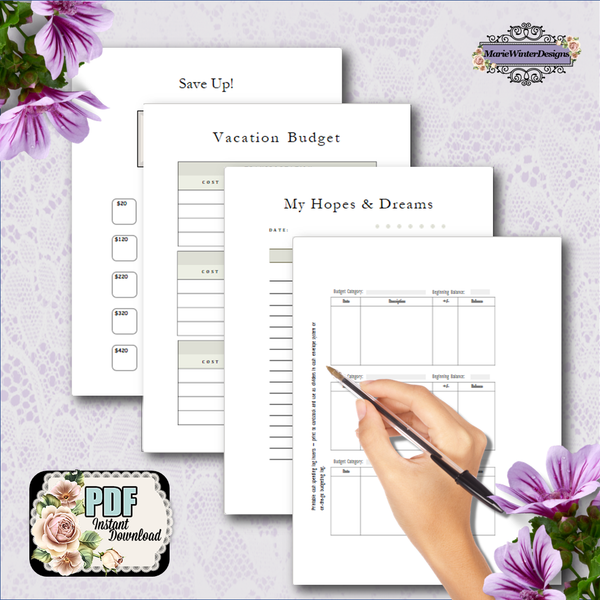 printable pages budget planner, save up, vacation budget, my hopes and dreams, cash envelope inserts